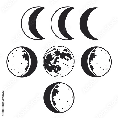 Phases of the moon showing the transition from new moon to full moon and back to new moon