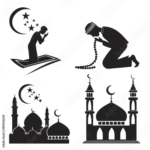 Valokuva Depictions of islamic prayers and mosques in black and white.