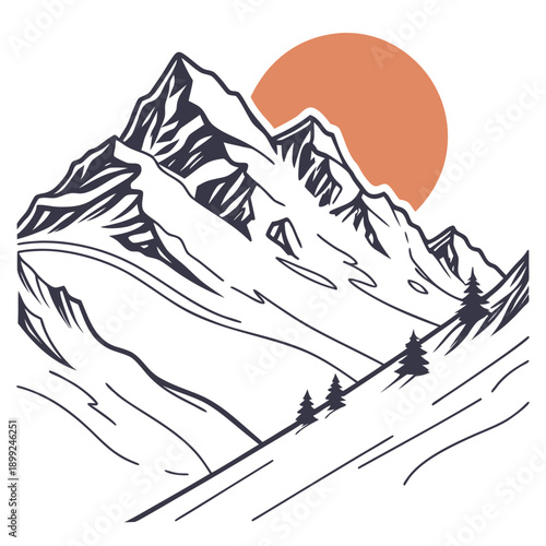 Snowy mountain peaks with a rising sun in the background