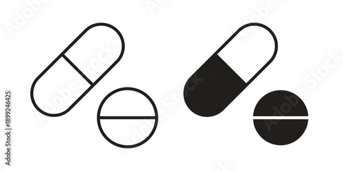Medicine pills icon and Symbols Collection. Simple Flat Outline Stroke