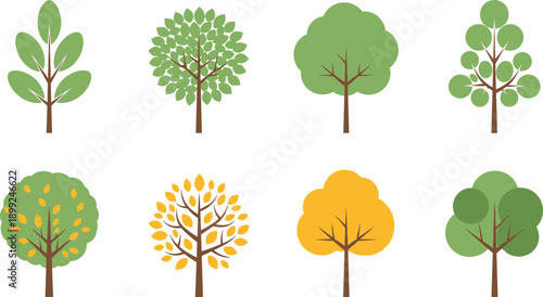Set of minimalist flat design tree icons featuring various foliage shapes in green and autumn yellow isolated on grey background for graphic design