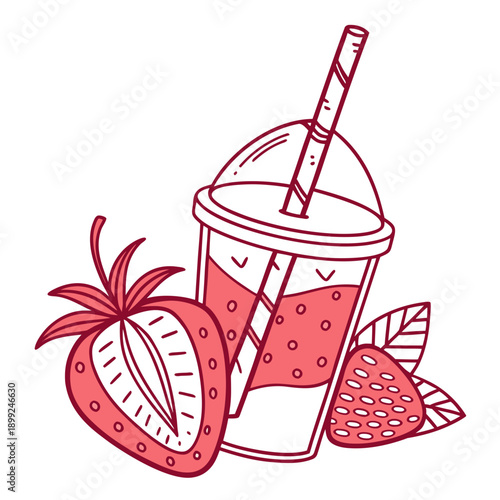 A refreshing strawberry smoothie with fresh fruit and a colorful straw.