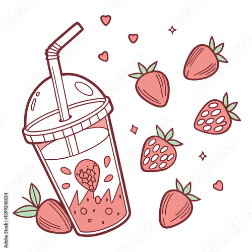 A refreshing strawberry milkshake with fresh strawberries and a strawberry on the cup.