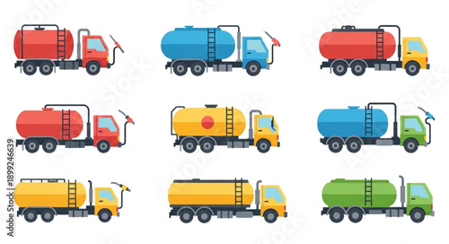 Collection of colorful fuel tanker trucks in various designs.