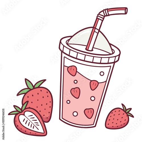 A refreshing strawberry smoothie with fresh strawberries and a straw