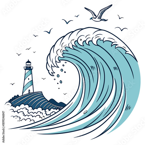 A dramatic wave crashes near a lighthouse with seagulls flying overhead.
