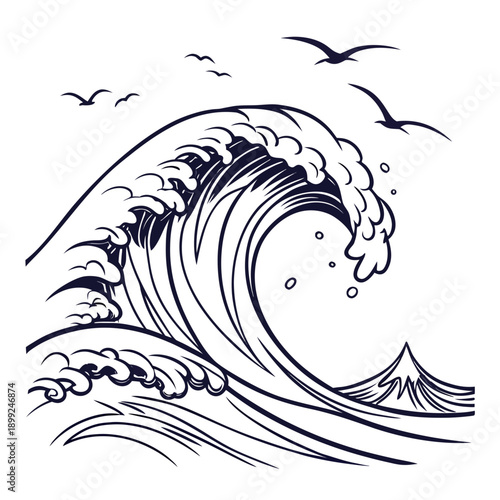 A dramatic wave crashing against a rocky shoreline with seagulls flying above