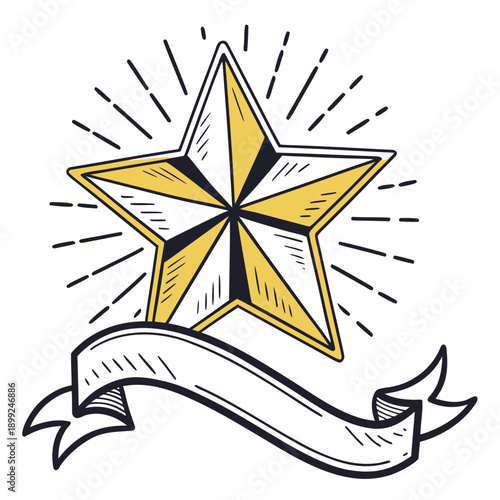 A golden star with a ribbon and rays of light emanating from it