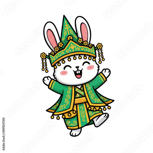 Cute Bunny Wearing Minangkabau Traditional Costume Vector Sticker