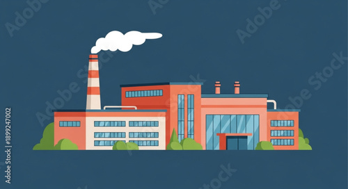 Modern industrial factory building with smoking chimney.