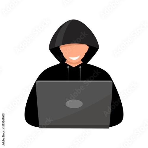 Hacker at laptop icon. Flat illustration of hacker at laptop icon for web design
