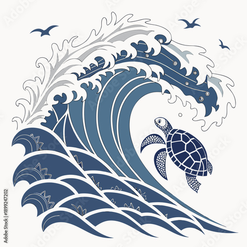 A majestic wave rises from the ocean, with birds flying overhead in a dramatic seascape.