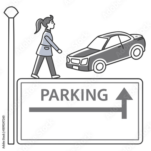 A woman directing traffic and a car approaching a parking sign on a city street