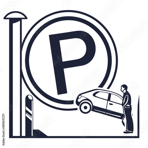 A parking sign with a car illustration underneath it, indicating a parking area or parking rules.