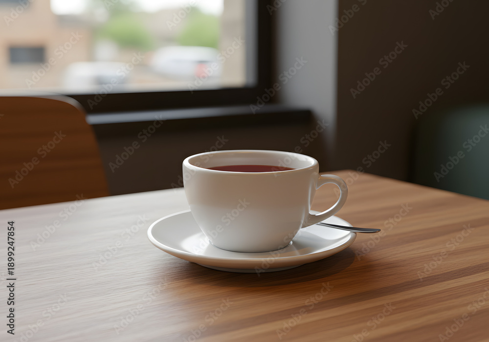 Obraz premium Cup of tea on wooden table near window