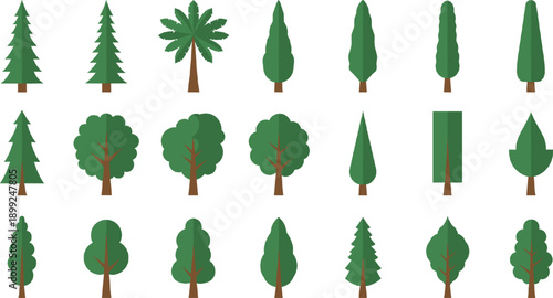 Set of minimalist flat design green tree icons featuring evergreen conifers deciduous oaks and stylized poplars isolated on grey background