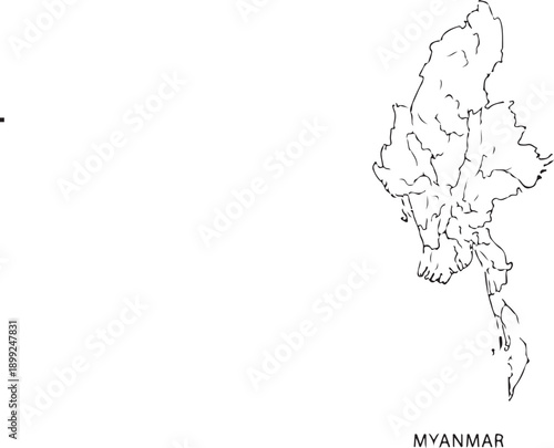 Myanmar Silhouette Map with Borders - Detailed Administrative States, Regions, and Southeast Asia Geography Vector