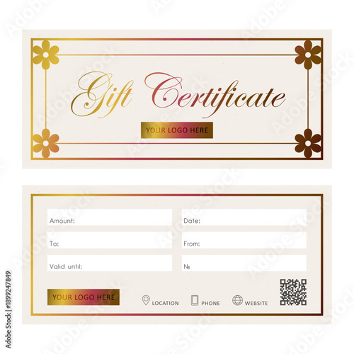 Elegant gold gift certificate vector template. Includes space for branding and service details. Layout graphic design for beauty salons, spa, fashion stores, promotions or gift voucher.