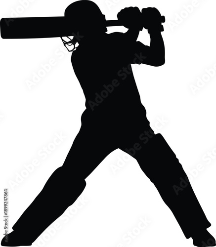 Black silhouette of a cricket batsman in full gear swinging a bat on a white background Keywords: cricket, batsman, player, sport, game, action, silhouette, batting, cricket bat, helmet, pads