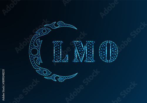 Low poly letter logo LMO design. LMO letter logo low poly vector design on blue color gradient background. LMO logo low poly design