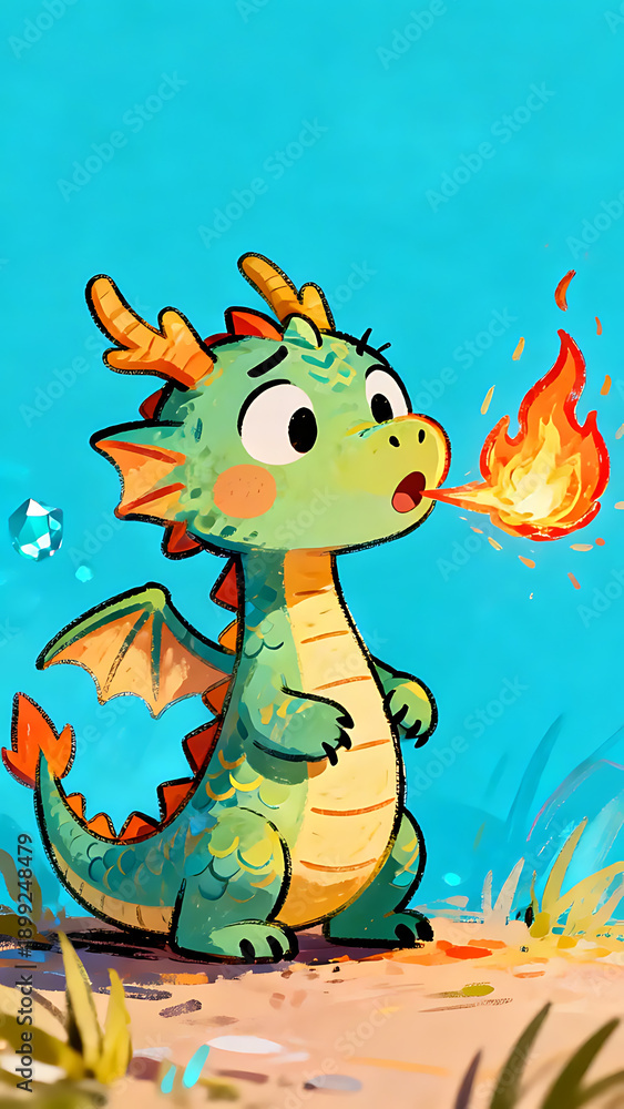 Fototapeta premium Green dragon breathing fire on grassy patch under bright blue sky, whimsical cartoon illustration seen from a front view highlighting character