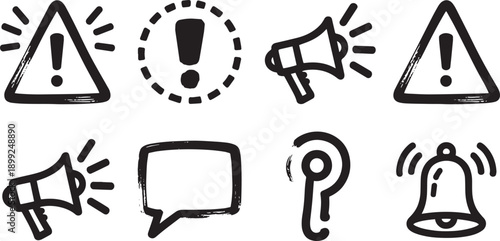 Set of communication and alert icons with exclamation marks and megaphones