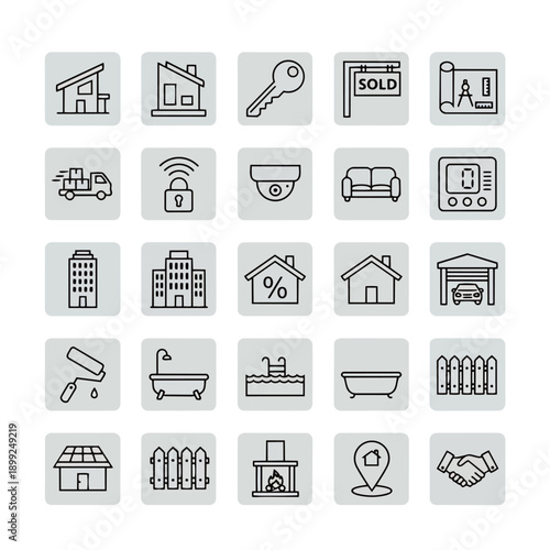 Real estate and smart home vector icon set. Minimalist line art symbols for property and housing
