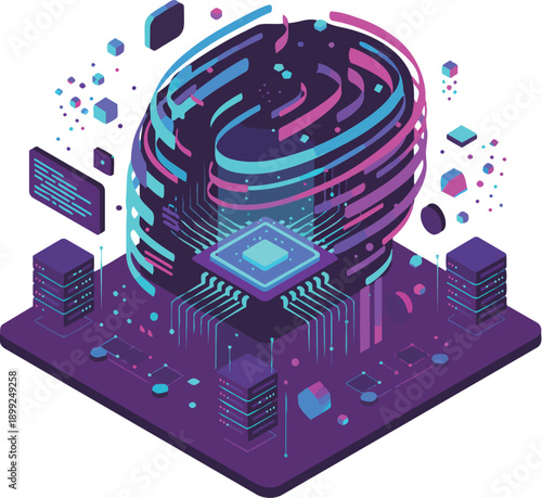 Generative AI and neural network concept. Futuristic isometric vector illustration of digital brain