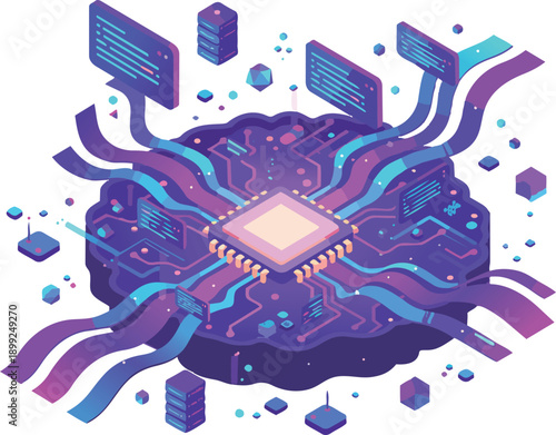 Generative AI and neural network concept. Futuristic isometric vector illustration of digital brain