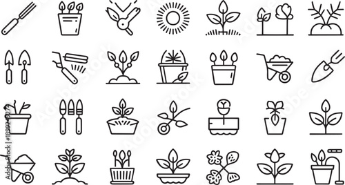 Gardening tools and plants illustration set