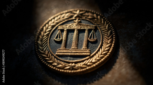 Legal authority insignia showing official emblem symbolizing governance legitimacy justice system identity lighting