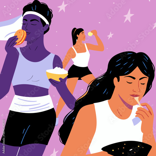 Women Enjoying Snacks and Fitness in Vibrant Illustration