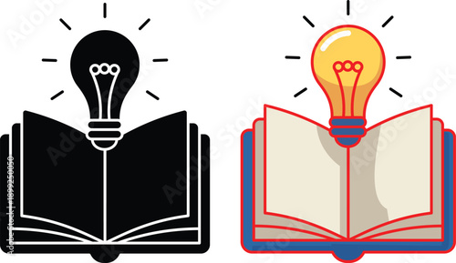 Open book with glowing light bulb color and silhouette vector, symbolizing knowledge illumination, learning, education and intellectual discovery for academic and e-learning visuals