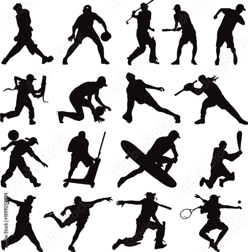 Collection of Black Silhouettes of Athletes Engaged in Various Sports Activities baseball player basketball player