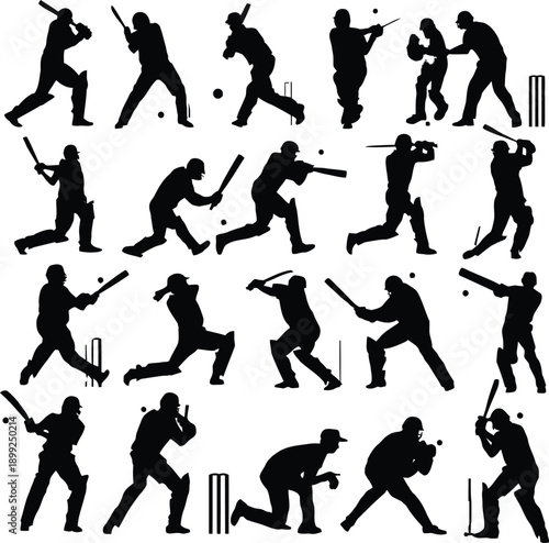 Collection of black silhouettes of cricket players in various action poses on a white background Keywords: cricket, player, sport, game, action, silhouette, batting, bowling, fielding, catching