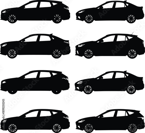 Collection of black silhouettes of modern cars, including SU Vs and sedans, on a white background