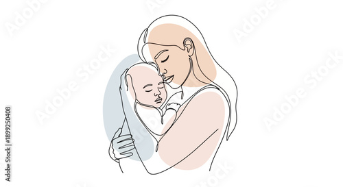 A tender line art illustration of a mother holding her sleeping baby close, with soft pastel color accents.