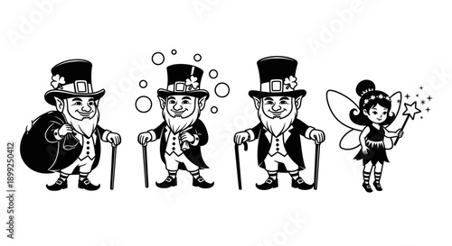 A black and white illustration featuring three leprechauns and a fairy, each with distinct attire and accessories.