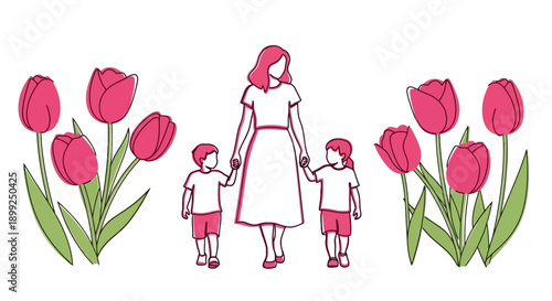 A mother walks hand-in-hand with her two children through a field of vibrant pink tulips.