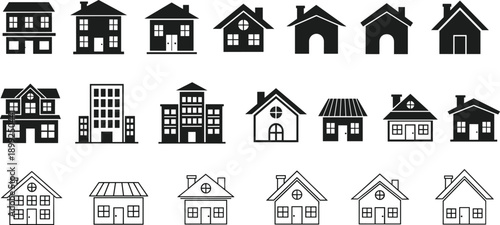 House and building solid icon set with residential home architecture symbols isolated on white background for real estate design