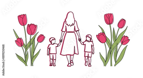 A mother walks hand-in-hand with her two children through a garden filled with blooming tulips.