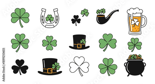 A collection of St. Patrick's Day themed icons including shamrocks, a leprechaun hat, a pipe, a horseshoe, and a pot of gold.