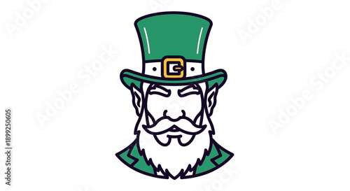 A stylized illustration of a leprechaun wearing a green top hat and jacket.