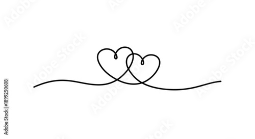 A minimalist continuous line drawing of two intertwined hearts on a white background.