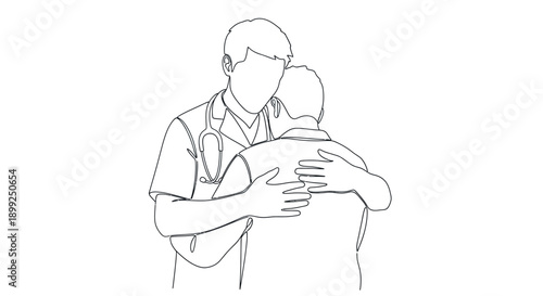 A doctor wearing a stethoscope embraces a patient in a comforting gesture, depicted in a minimalist line art style.