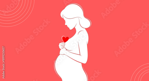 A pregnant woman cradles her baby bump, holding a small red heart against her chest, symbolizing love and new life.