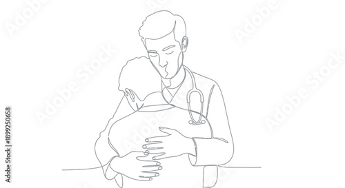 A doctor in a white coat with a stethoscope embraces a patient in a comforting gesture.