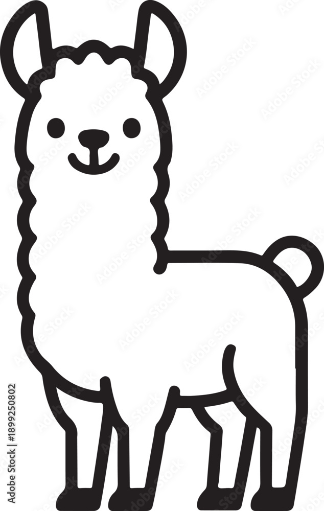 Fototapeta premium alpaca, cartoon, line, drawing, animal, illustration, black, white, whimsical, friendly, ears, long, face, smiling, tooth, teeth, body, fluffy, upright, standing, simple, cheerful, cute, sketch, vecto