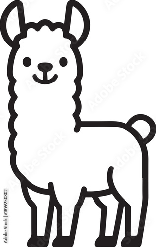 alpaca, cartoon, line, drawing, animal, illustration, black, white, whimsical, friendly, ears, long, face, smiling, tooth, teeth, body, fluffy, upright, standing, simple, cheerful, cute, sketch, vecto