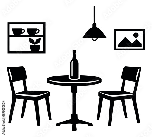 Minimalist graphic cafe interior set featuring chairs, a table, bottle, cups, and a lamp for restaurant or home decor